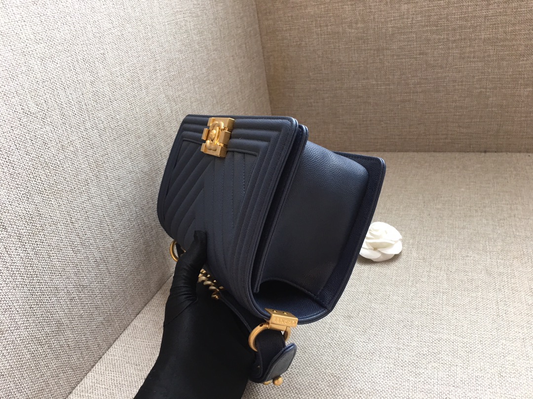 Caviar Medium Boy Handbag Flap Bag A67086 Dark Blue/Gold